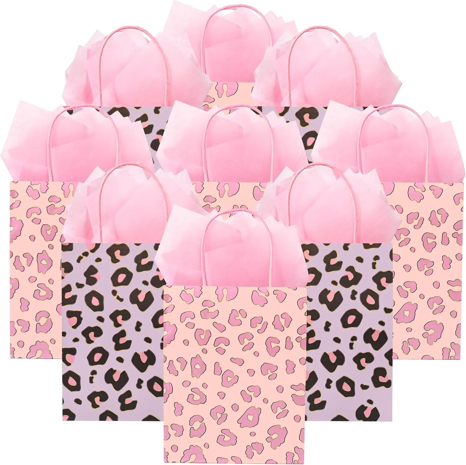 36 Pack 10'' Medium Pink Leopard Cheetah Print Paper Gift Bags with Handles and Pink Tissue Paper for Birthdays, Bridal Showers, Wedding Party Favors, Boutiques, 10x8x4 Inch (2 Assorted Designs)