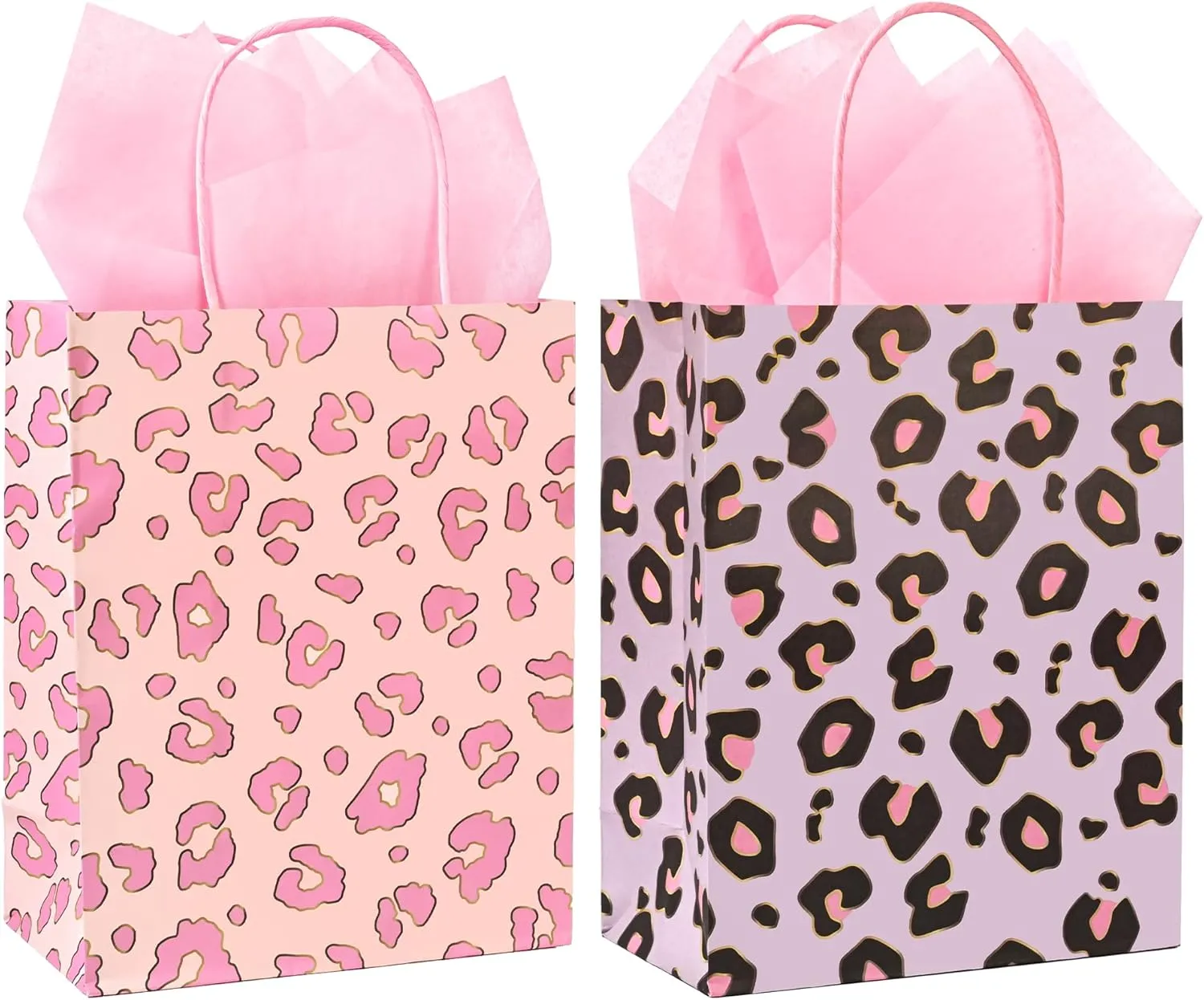 36 Pack 10'' Medium Pink Leopard Cheetah Print Paper Gift Bags with Handles and Pink Tissue Paper for Birthdays, Bridal Showers, Wedding Party Favors, Boutiques, 10x8x4 Inch (2 Assorted Designs)