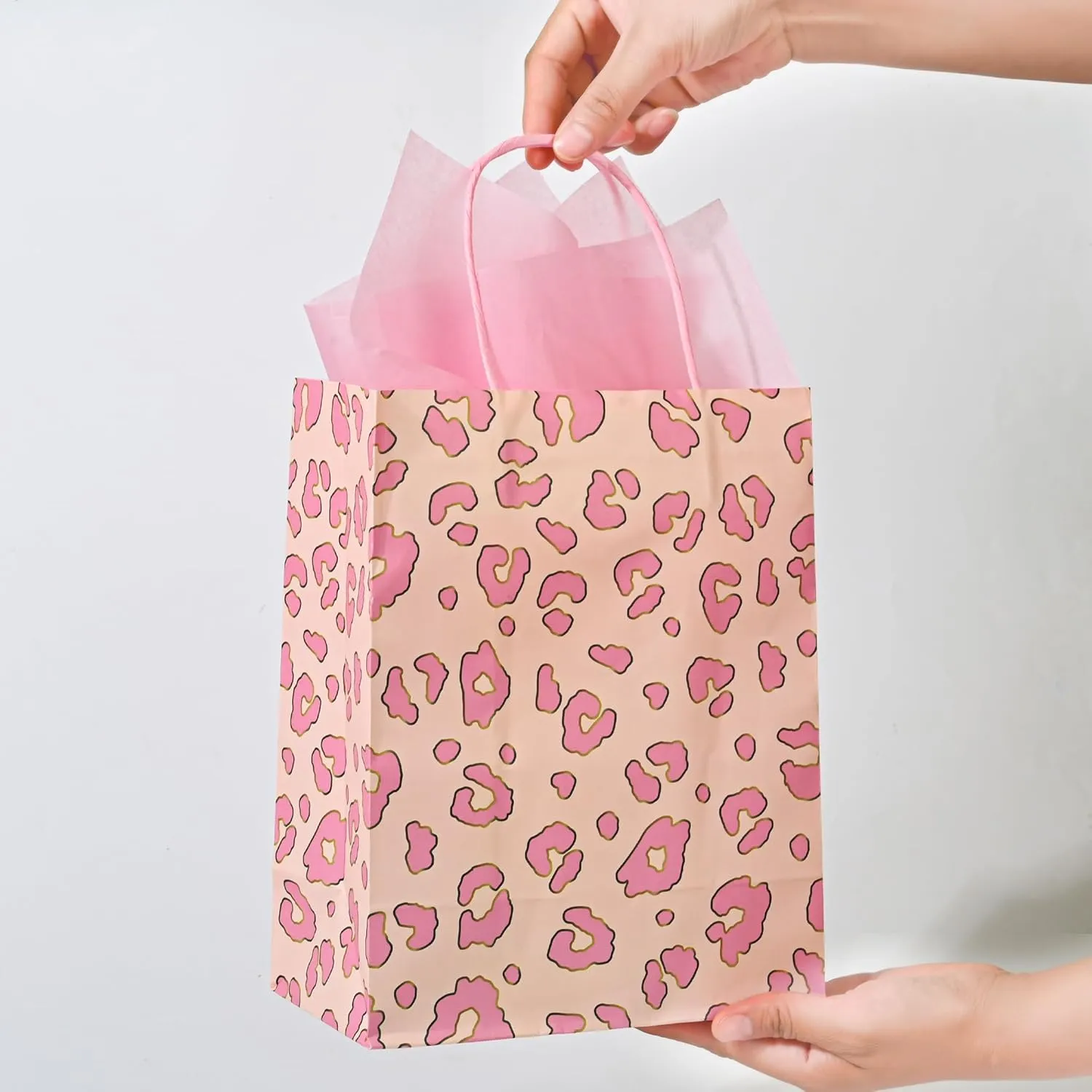 36 Pack 10'' Medium Pink Leopard Cheetah Print Paper Gift Bags with Handles and Pink Tissue Paper for Birthdays, Bridal Showers, Wedding Party Favors, Boutiques, 10x8x4 Inch (2 Assorted Designs)