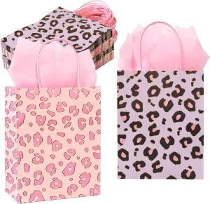 36 Pack 10'' Medium Pink Leopard Cheetah Print Paper Gift Bags with Handles and Pink Tissue Paper for Birthdays, Bridal Showers, Wedding Party Favors, Boutiques, 10x8x4 Inch (2 Assorted Designs)