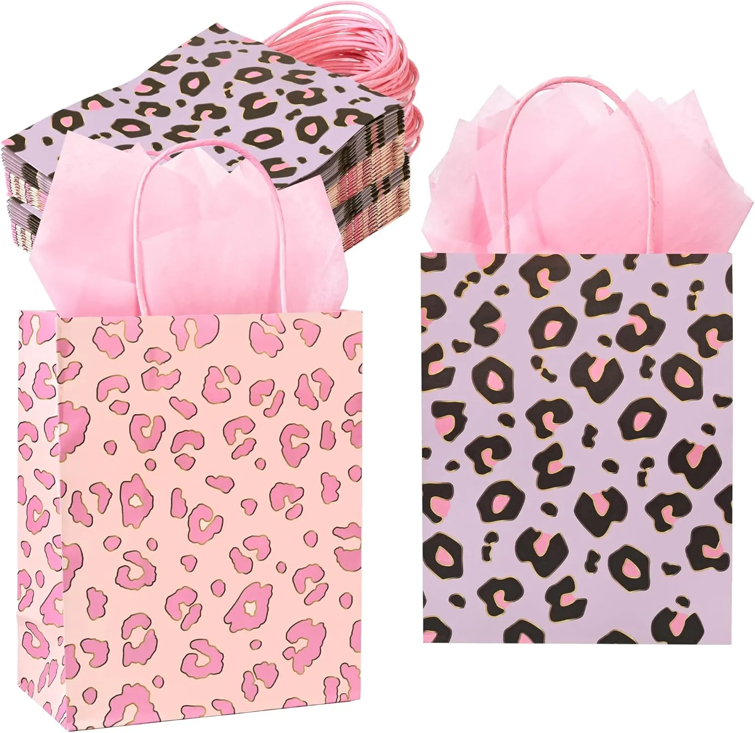 36 Pack 10'' Medium Pink Leopard Cheetah Print Paper Gift Bags with Handles and Pink Tissue Paper for Birthdays, Bridal Showers, Wedding Party Favors, Boutiques, 10x8x4 Inch (2 Assorted Designs)