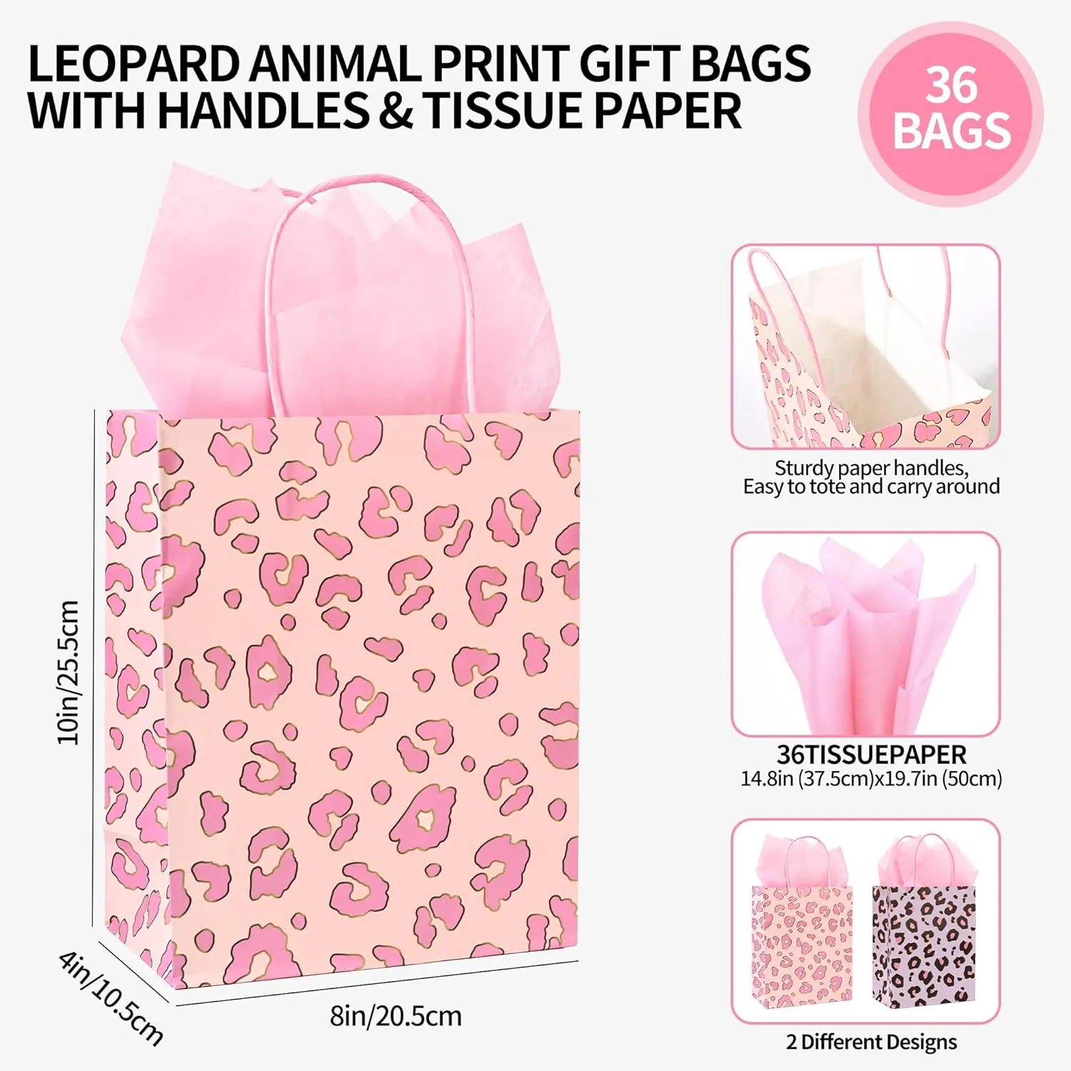 36 Pack 10'' Medium Pink Leopard Cheetah Print Paper Gift Bags with Handles and Pink Tissue Paper for Birthdays, Bridal Showers, Wedding Party Favors, Boutiques, 10x8x4 Inch (2 Assorted Designs)
