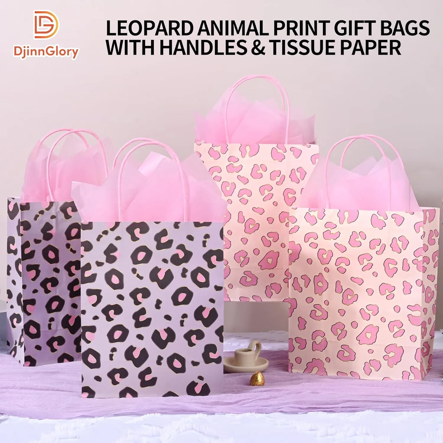 36 Pack 10'' Medium Pink Leopard Cheetah Print Paper Gift Bags with Handles and Pink Tissue Paper for Birthdays, Bridal Showers, Wedding Party Favors, Boutiques, 10x8x4 Inch (2 Assorted Designs)