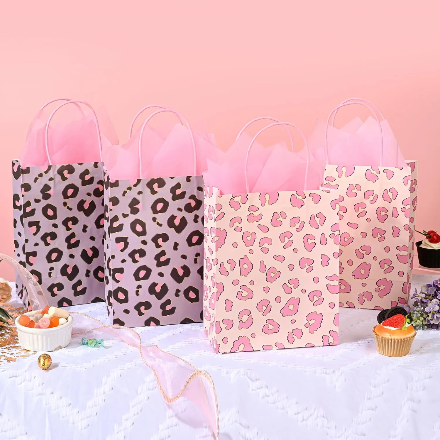 36 Pack 10'' Medium Pink Leopard Cheetah Print Paper Gift Bags with Handles and Pink Tissue Paper for Birthdays, Bridal Showers, Wedding Party Favors, Boutiques, 10x8x4 Inch (2 Assorted Designs)