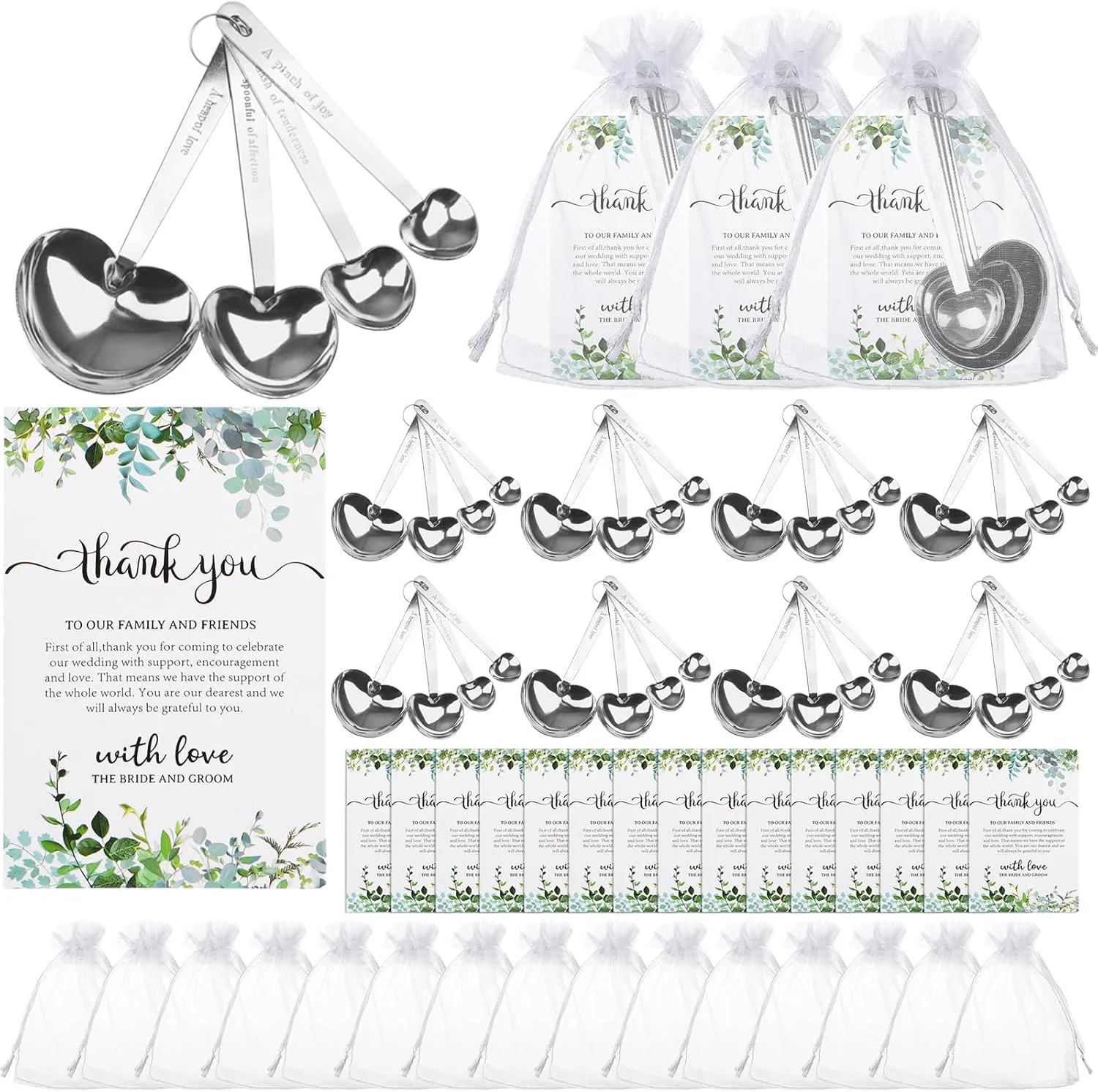 36 Set Heart Shaped Measuring Spoon Tea Spoons Wedding Baby Shower Favor for Guests Stainless Steel Measure Spoons with Organza Bag and Thank You Card for Wedding Birthday Bridal Shower Souvenir