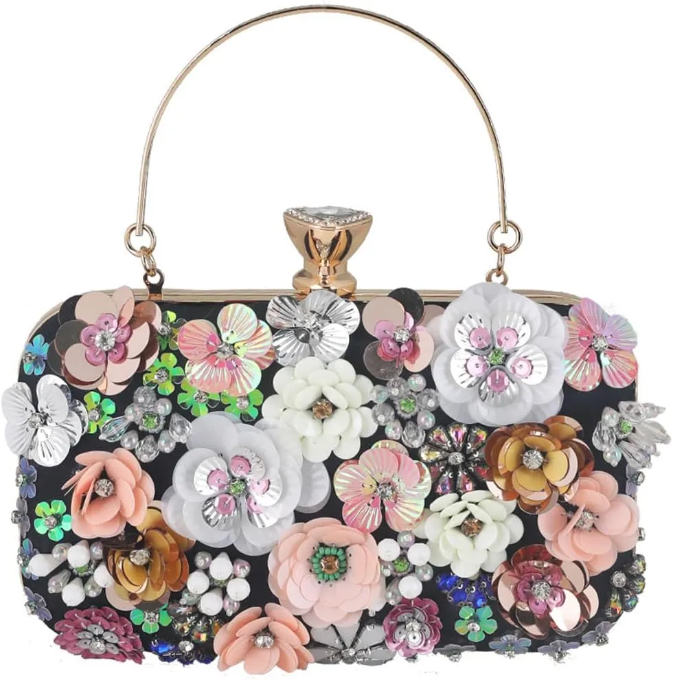 3d Flower Dinner Bag Beaded Clutch Purses for Women Exquisite Black Handbag Party Purses for Women