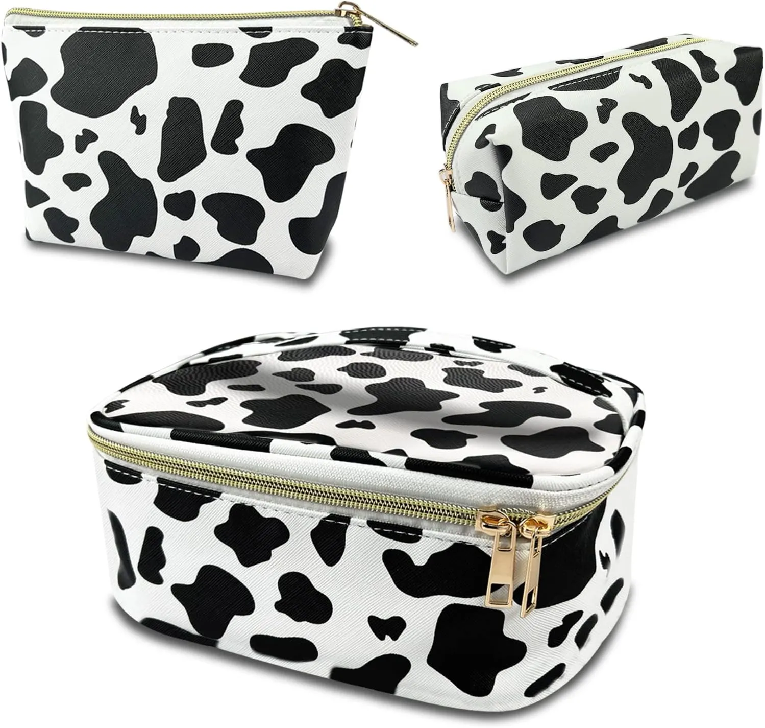 3Pcs Makeup Bag,Travel Makeup Bag,Makeup Bags for Women,Makeup Brush Bag,Large Capacity PU Cosmetic Bag,Waterproof and Durable-Black Cow Pattern