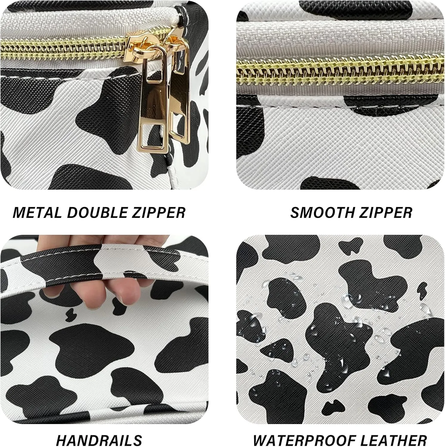 3Pcs Makeup Bag,Travel Makeup Bag,Makeup Bags for Women,Makeup Brush Bag,Large Capacity PU Cosmetic Bag,Waterproof and Durable-Black Cow Pattern
