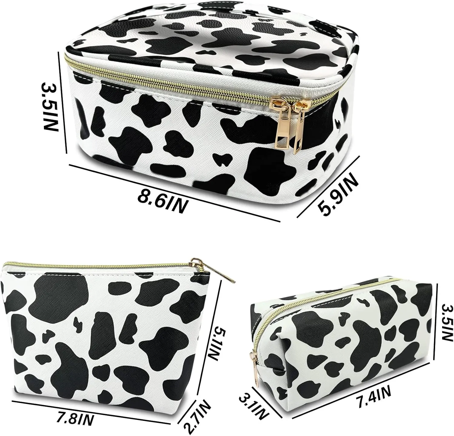3Pcs Makeup Bag,Travel Makeup Bag,Makeup Bags for Women,Makeup Brush Bag,Large Capacity PU Cosmetic Bag,Waterproof and Durable-Black Cow Pattern