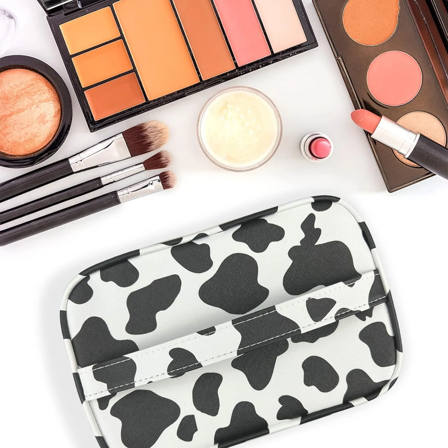 3Pcs Makeup Bag,Travel Makeup Bag,Makeup Bags for Women,Makeup Brush Bag,Large Capacity PU Cosmetic Bag,Waterproof and Durable-Black Cow Pattern