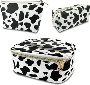 3Pcs Makeup Bag,Travel Makeup Bag,Makeup Bags for Women,Makeup Brush Bag,Large Capacity PU Cosmetic Bag,Waterproof and Durable-Black Cow Pattern