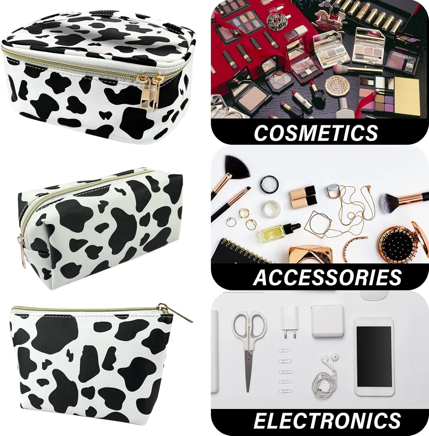 3Pcs Makeup Bag,Travel Makeup Bag,Makeup Bags for Women,Makeup Brush Bag,Large Capacity PU Cosmetic Bag,Waterproof and Durable-Black Cow Pattern