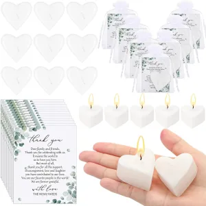 50 Sets Wedding Favors - 50 Heart Shaped Mini White Candles, Thank You Cards & Organza Bags