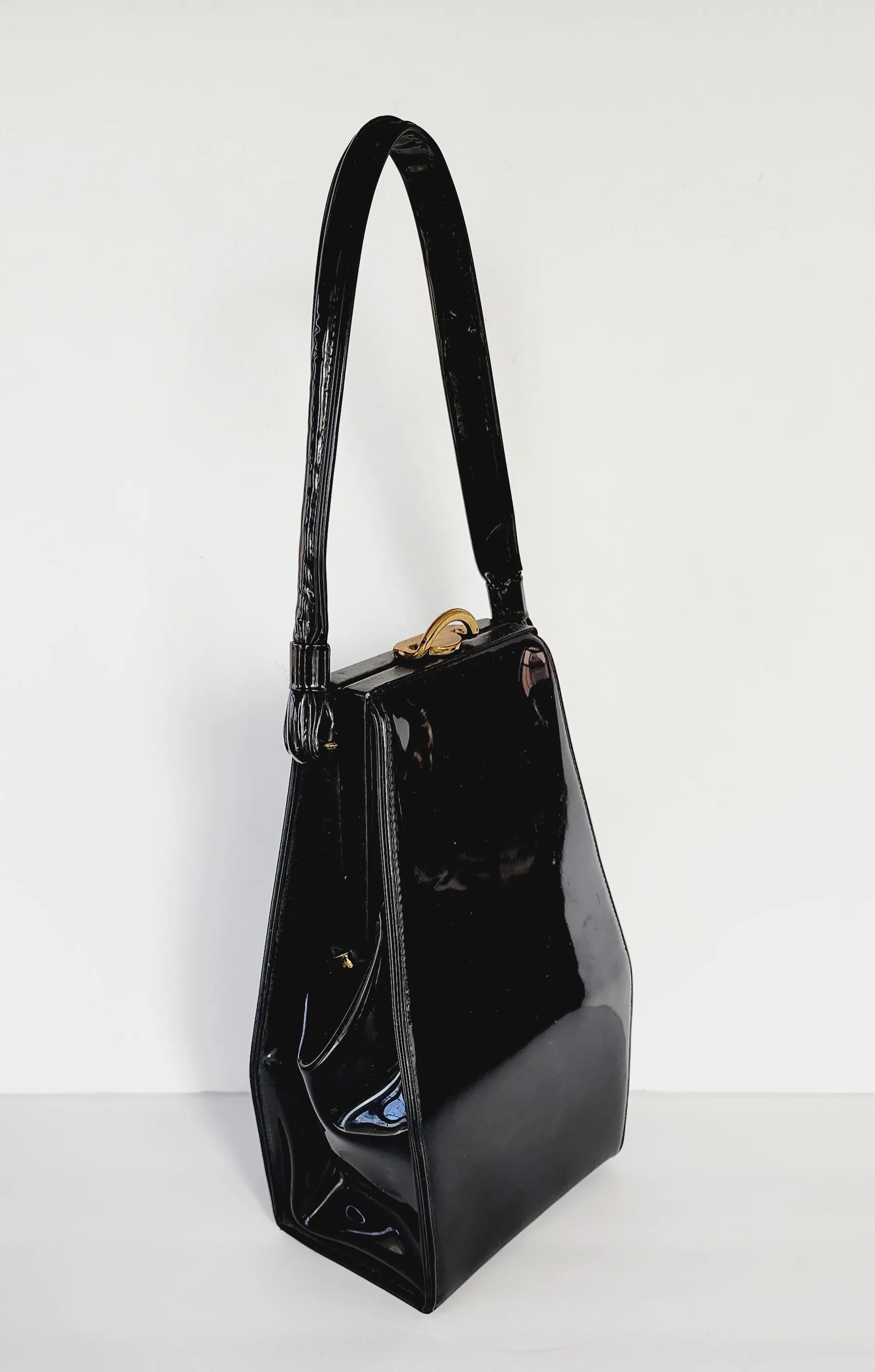 50s Black Patent Leather Bag with Top Handle / Oblong Geometric MCM Modernist Style by Lewis