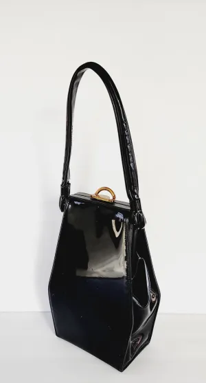 50s Black Patent Leather Bag with Top Handle / Oblong Geometric MCM Modernist Style by Lewis