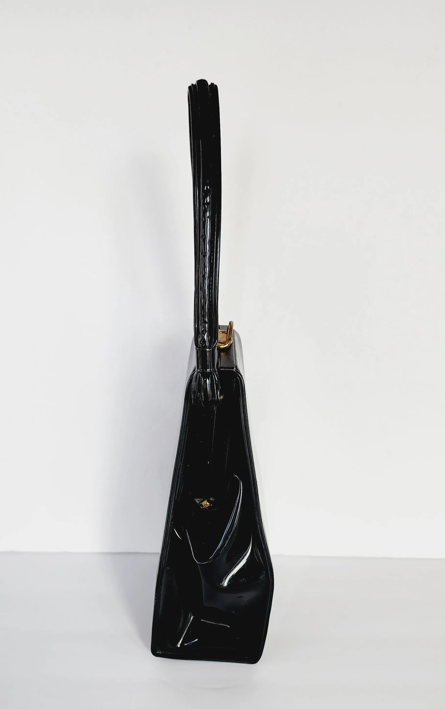 50s Black Patent Leather Bag with Top Handle / Oblong Geometric MCM Modernist Style by Lewis