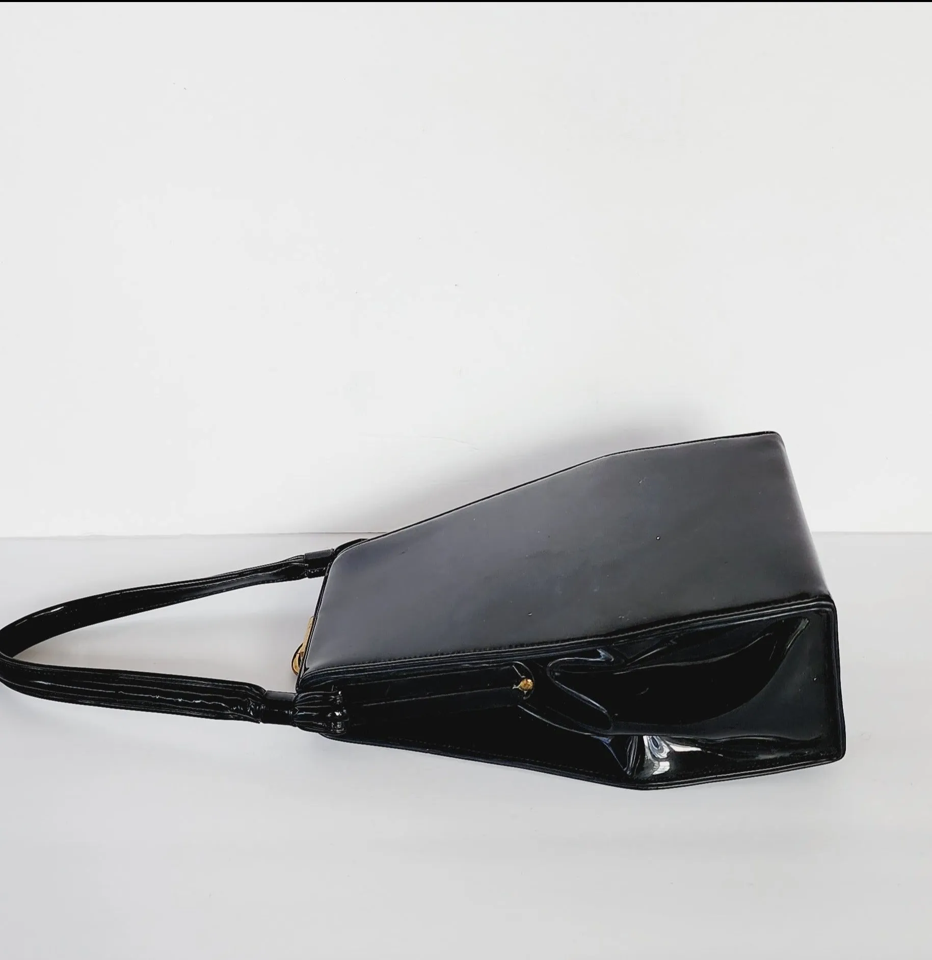 50s Black Patent Leather Bag with Top Handle / Oblong Geometric MCM Modernist Style by Lewis