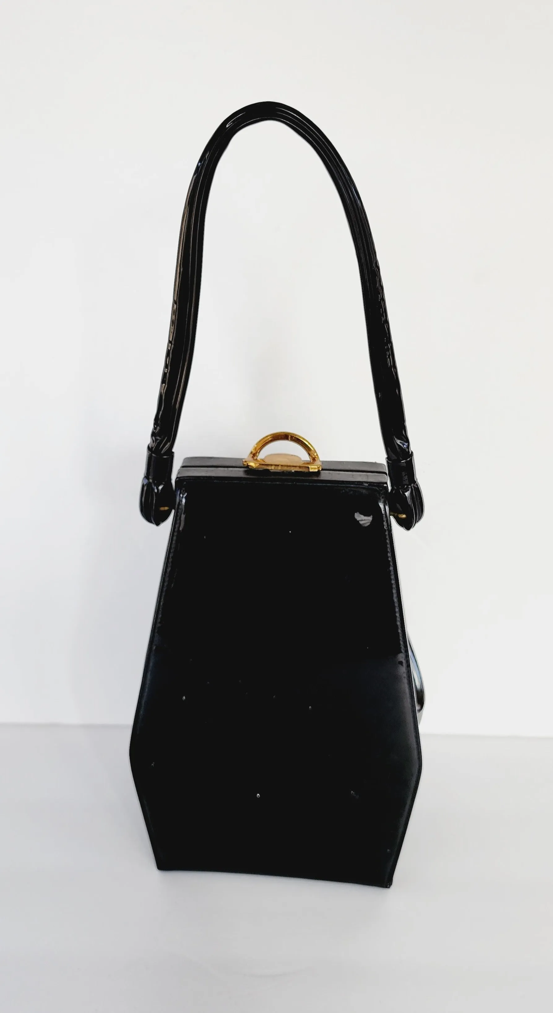 50s Black Patent Leather Bag with Top Handle / Oblong Geometric MCM Modernist Style by Lewis