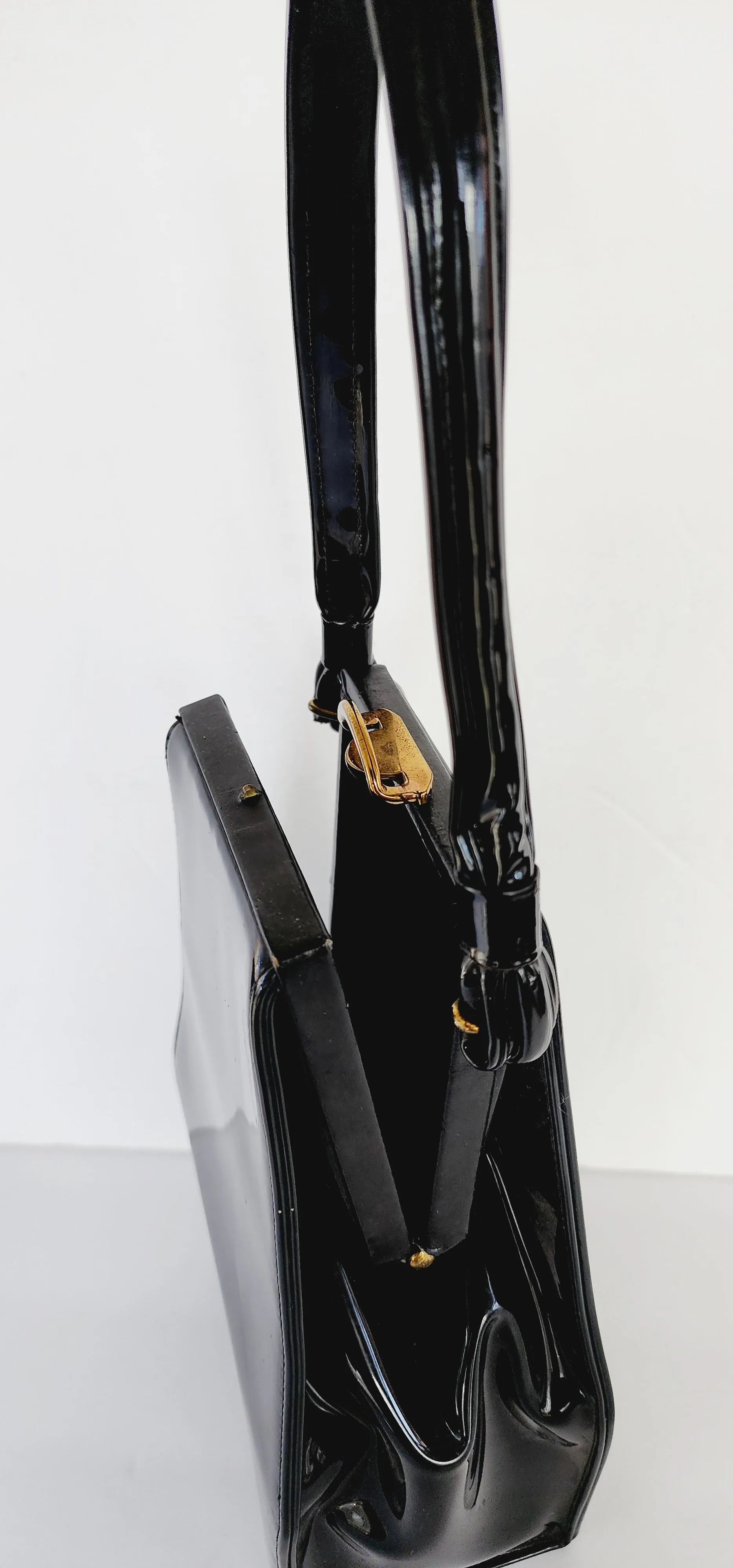 50s Black Patent Leather Bag with Top Handle / Oblong Geometric MCM Modernist Style by Lewis