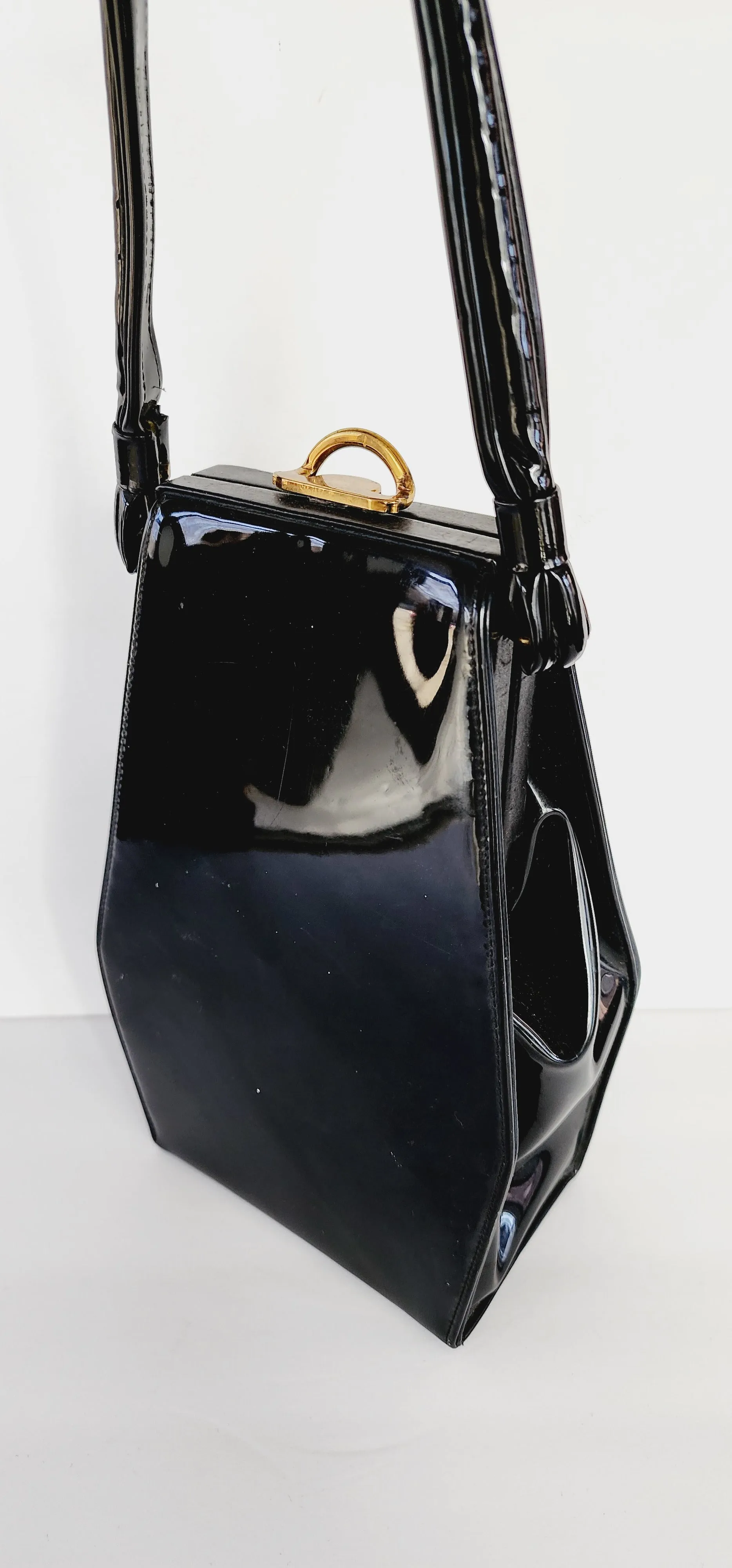 50s Black Patent Leather Bag with Top Handle / Oblong Geometric MCM Modernist Style by Lewis