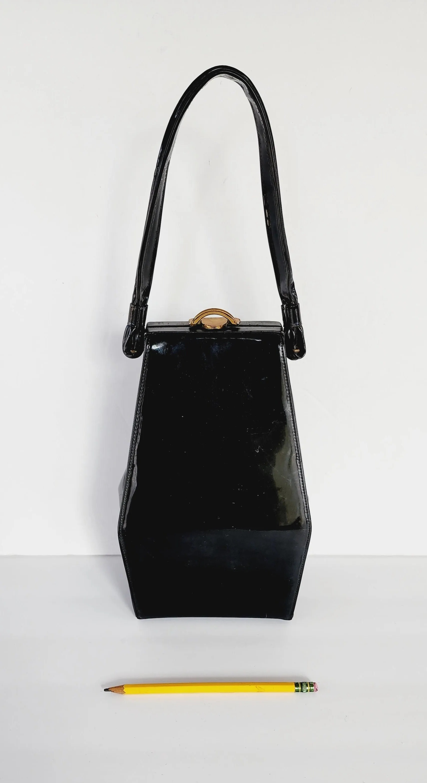 50s Black Patent Leather Bag with Top Handle / Oblong Geometric MCM Modernist Style by Lewis