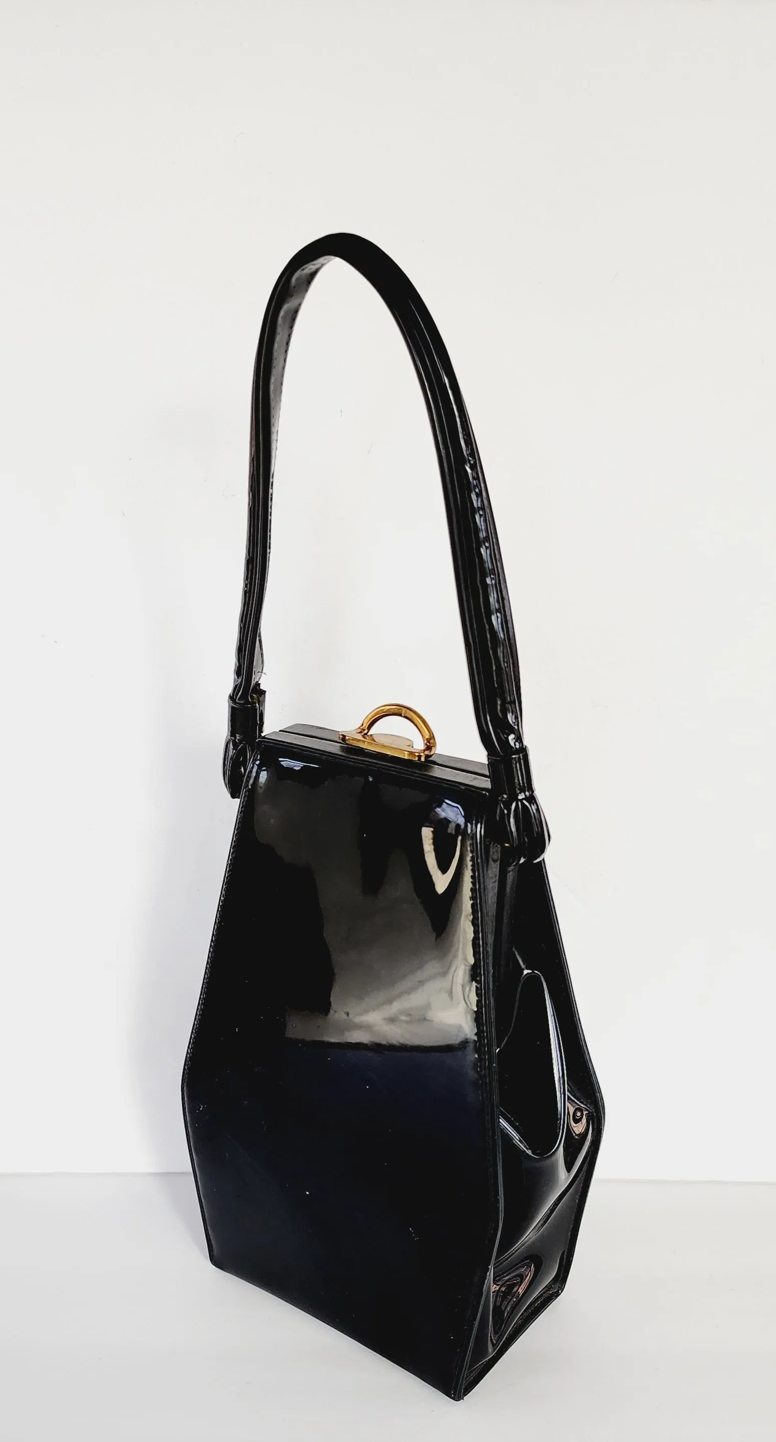 50s Black Patent Leather Bag with Top Handle / Oblong Geometric MCM Modernist Style by Lewis