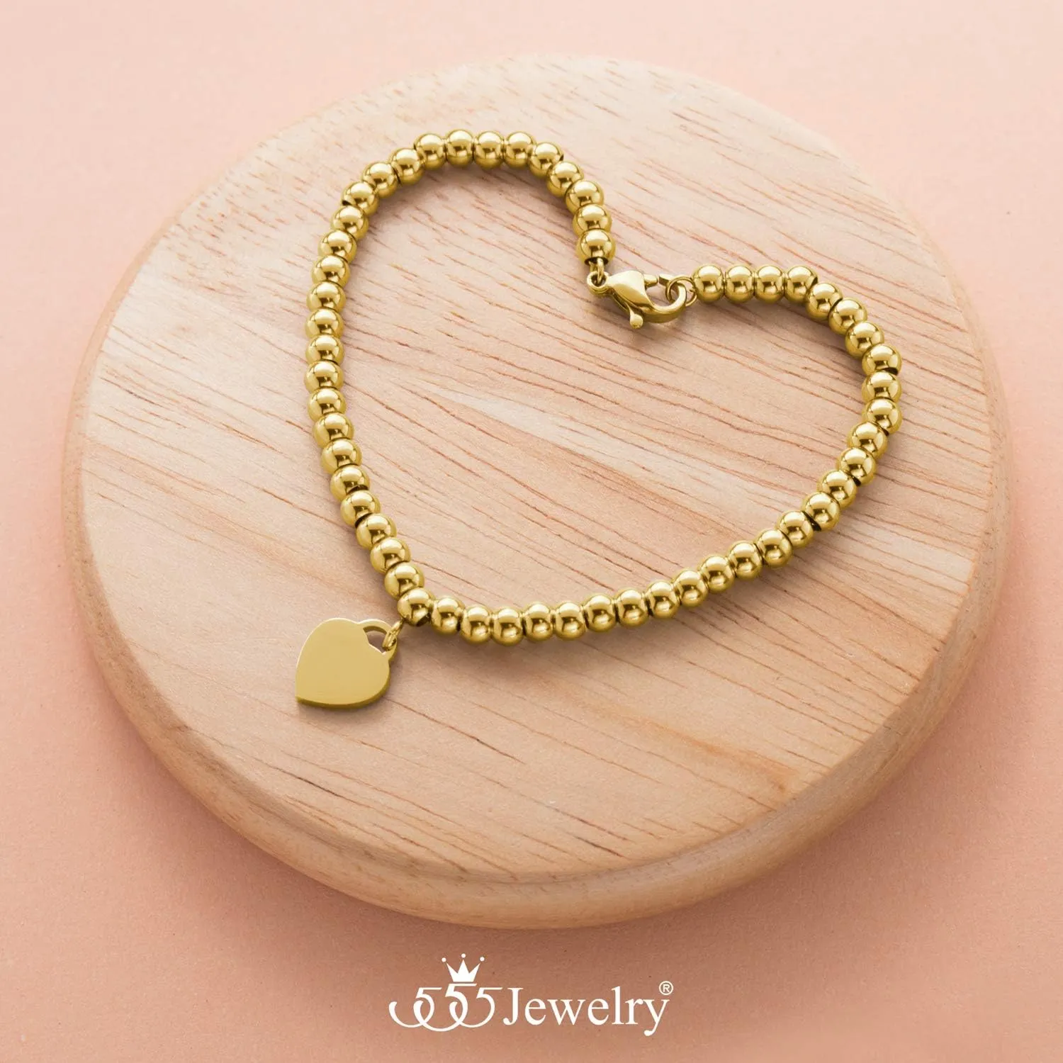 555Jewelry Womens Stainless Steel Love Heart Charm Beaded Delicate Bracelet Dangling