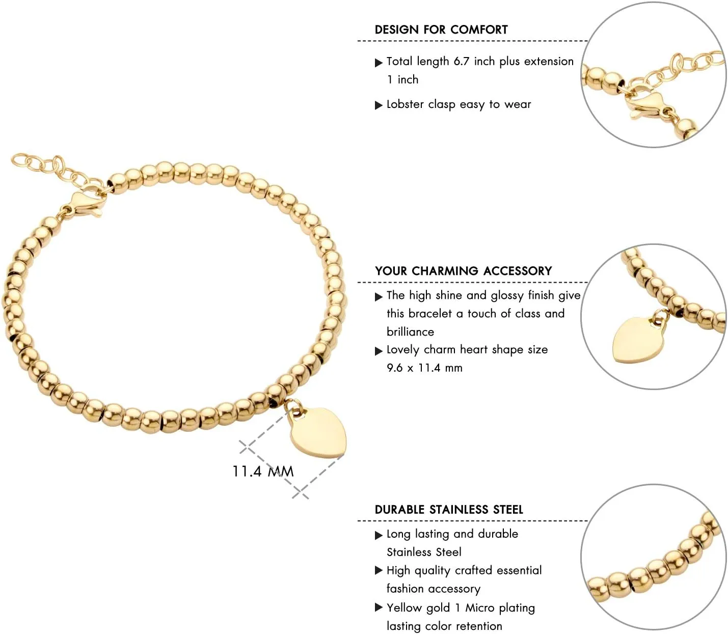 555Jewelry Womens Stainless Steel Love Heart Charm Beaded Delicate Bracelet Dangling