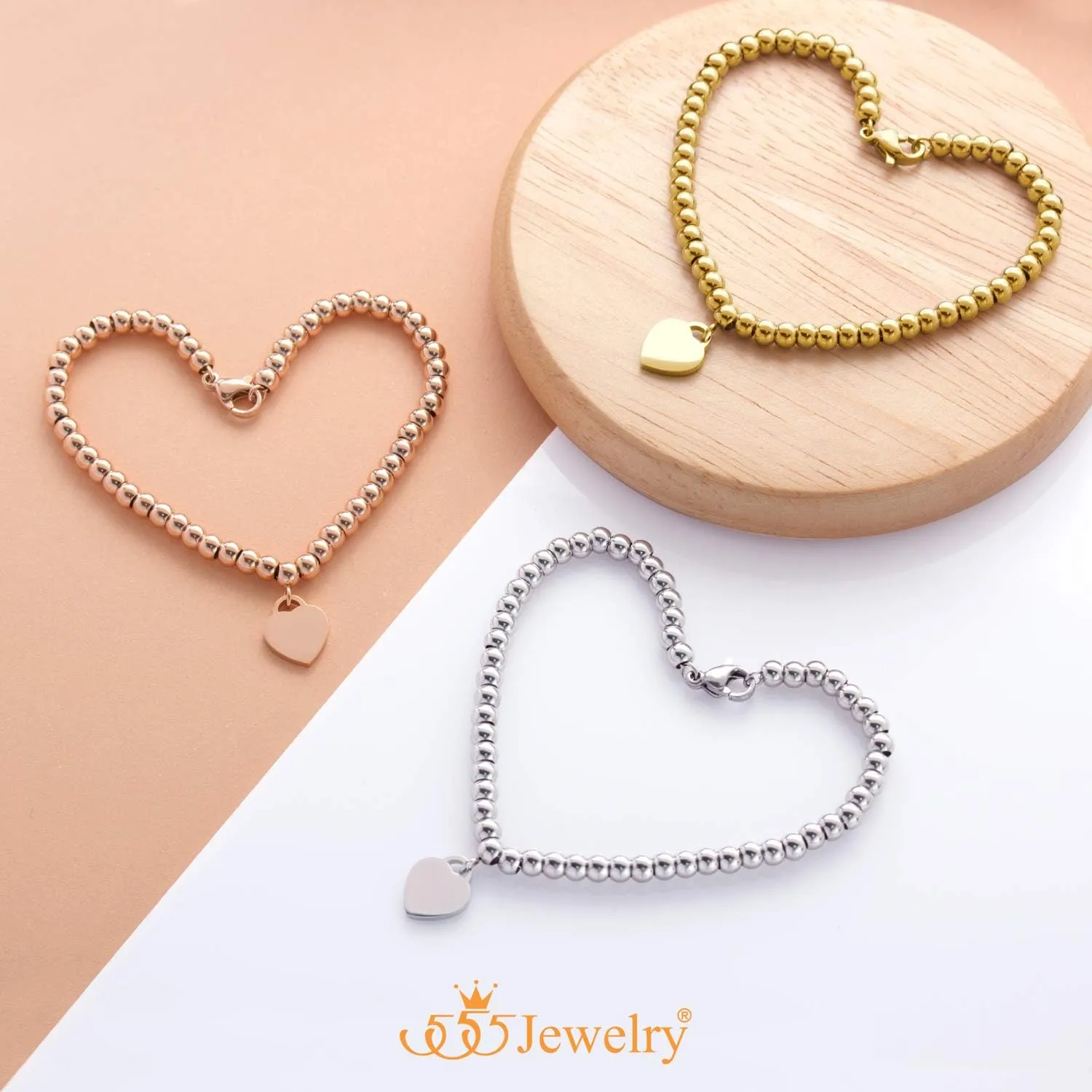 555Jewelry Womens Stainless Steel Love Heart Charm Beaded Delicate Bracelet Dangling