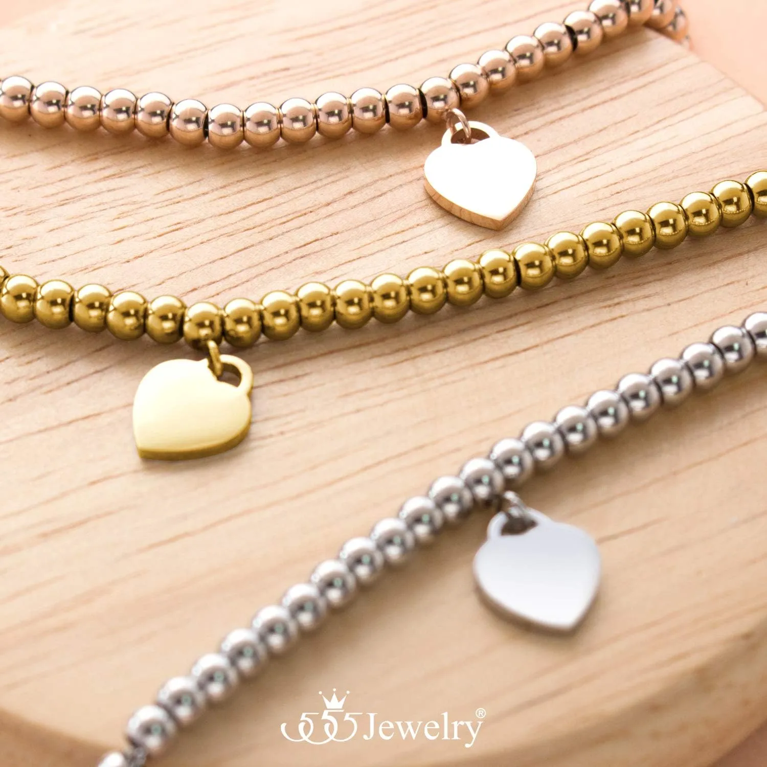 555Jewelry Womens Stainless Steel Love Heart Charm Beaded Delicate Bracelet Dangling