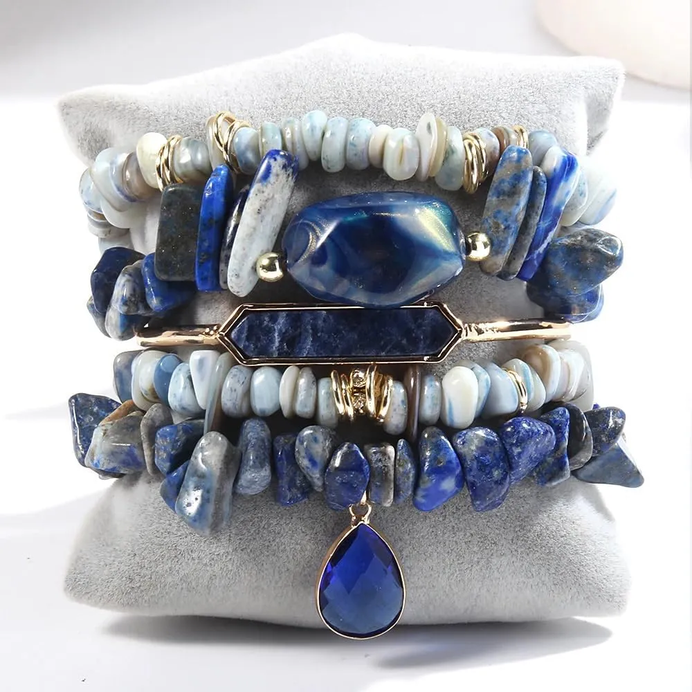 5PCS 6PCS Natural Boho Beaded Bracelets/Bangle for Women Men,Healing Turquoise Jasper Agate Crystal Gemstone Stone Chakra Multilayer Wrap Bohemian Handmade Jewelry Beads Stretch Bracelet Set