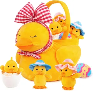 5PCS Easter Basket Plush Playset - Stuffed Duck, Easter Egg Plush Toys for Baby, Toddler, and Kids of All Ages, Easter Theme Party Favors, Gifts, and Decorations