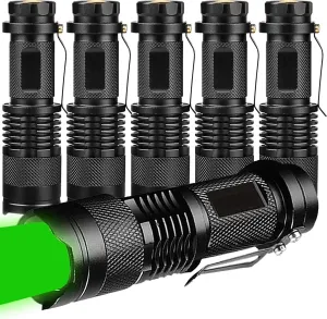 6 Pack Mini Green LED Flashlight - Zoomable, Single Mode Green Light Torch for Camping, Hiking, Fishing, Animal Protecting, Night Vision