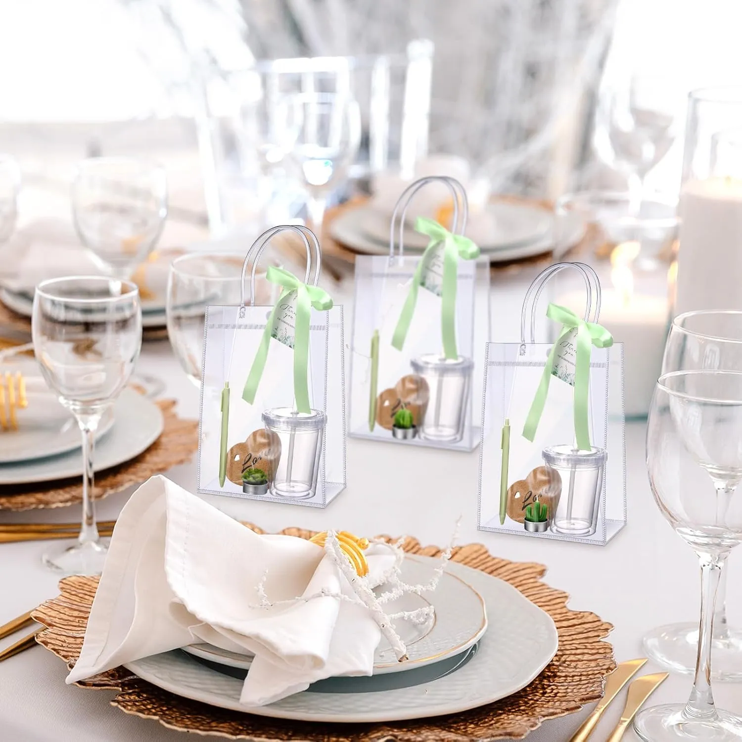 6 Sets Baby Shower Prizes for Game Player Baby Shower Winners Guest Gifts Candle Cup Heart Coaster Insulated Pen Gift Bag Wedding Bridal Game Prizes(Succulent Style,Green)