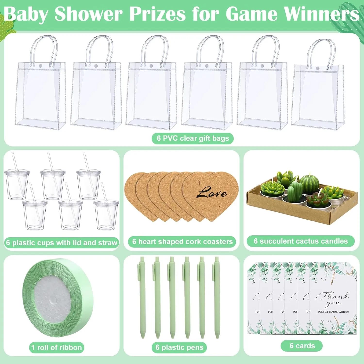 6 Sets Baby Shower Prizes for Game Player Baby Shower Winners Guest Gifts Candle Cup Heart Coaster Insulated Pen Gift Bag Wedding Bridal Game Prizes(Succulent Style,Green)
