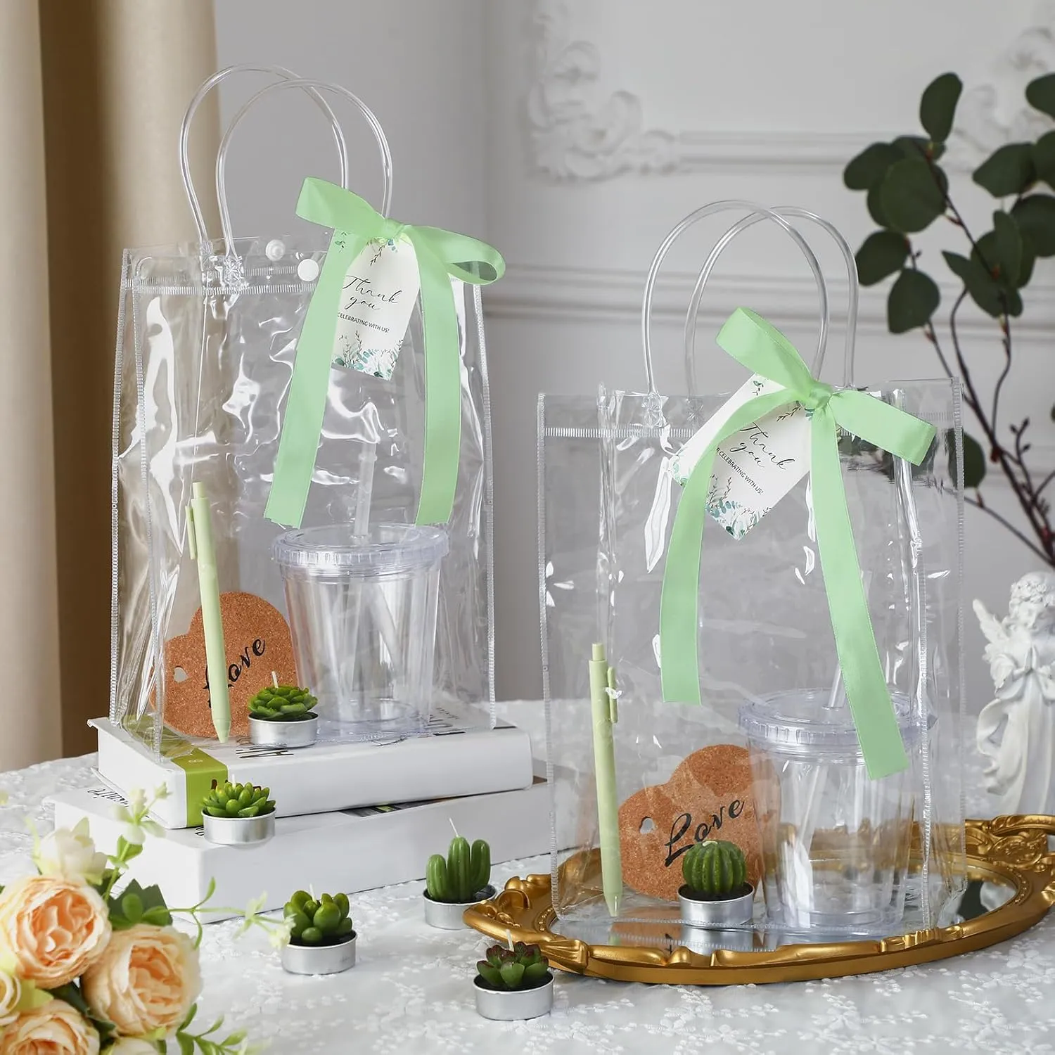 6 Sets Baby Shower Prizes for Game Player Baby Shower Winners Guest Gifts Candle Cup Heart Coaster Insulated Pen Gift Bag Wedding Bridal Game Prizes(Succulent Style,Green)