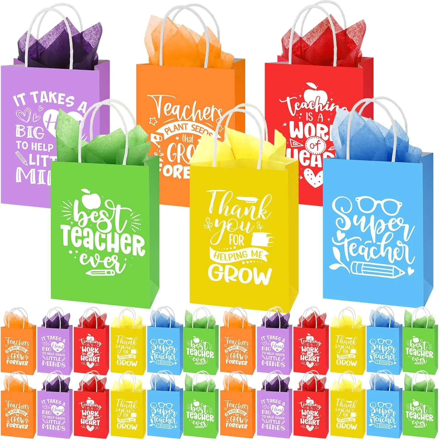 60 Pack Teacher Appreciation Gift Bags with Tissue Paper Thank You Teacher Gift Bags with Handle for End of Year Appreciation Day Retirement Graduation Party Favors(Multicolor)