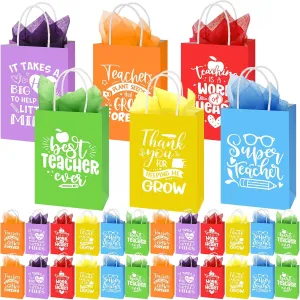 60 Pack Teacher Appreciation Gift Bags with Tissue Paper Thank You Teacher Gift Bags with Handle for End of Year Appreciation Day Retirement Graduation Party Favors(Multicolor)