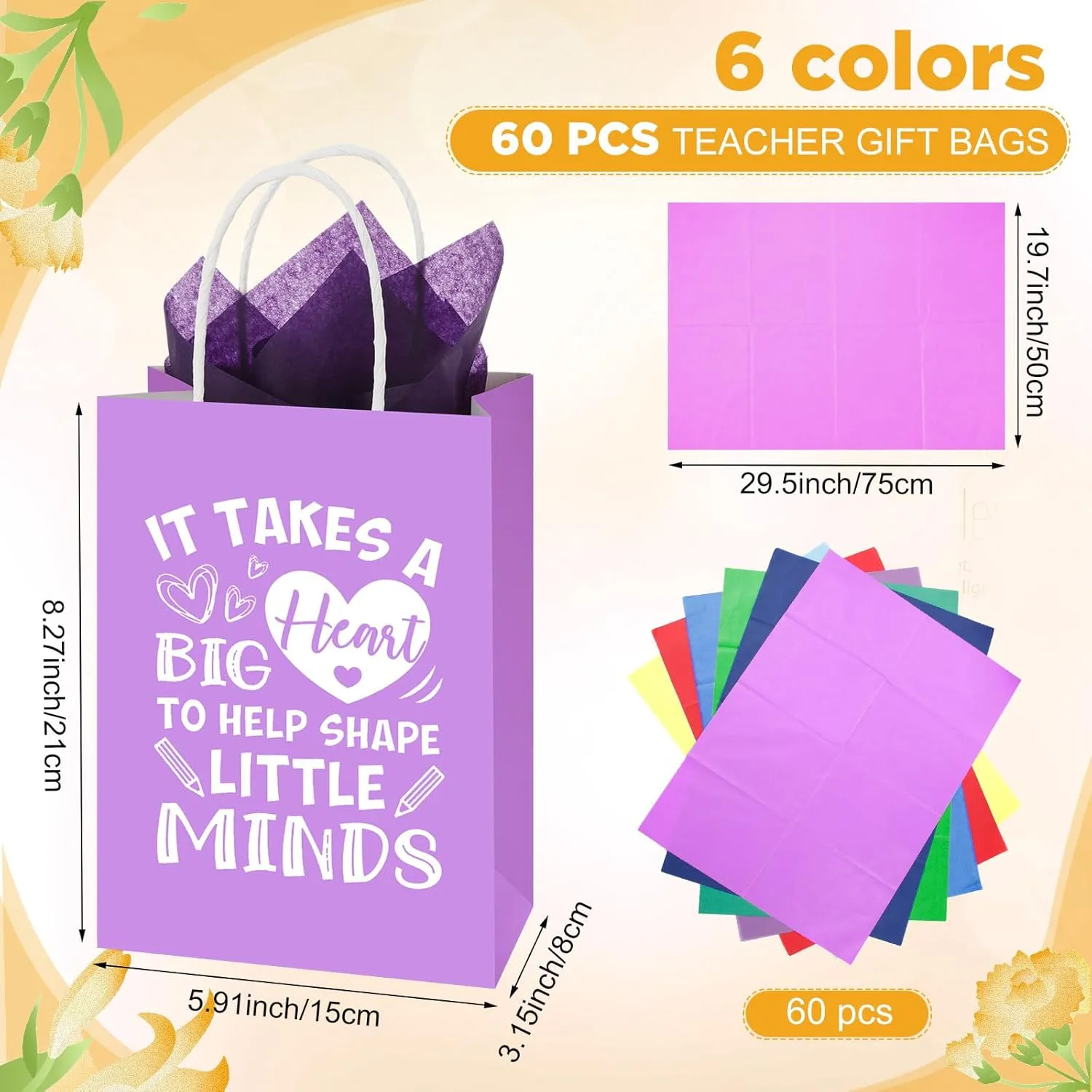 60 Pack Teacher Appreciation Gift Bags with Tissue Paper Thank You Teacher Gift Bags with Handle for End of Year Appreciation Day Retirement Graduation Party Favors(Multicolor)