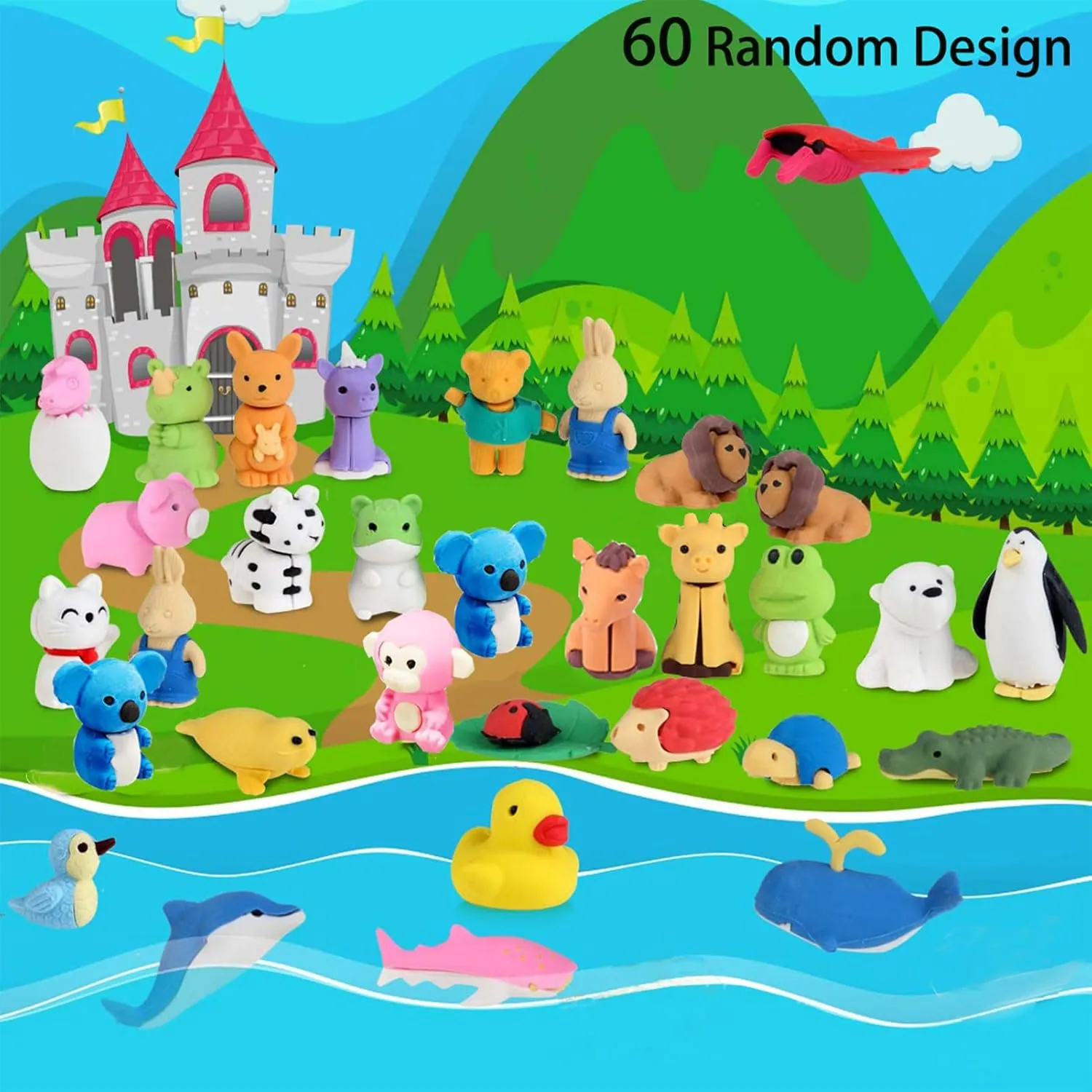 60Pcs Animal Erasers Desk Pets for Kids Pencil Bulk Puzzle Erasers Toys Gifts for Classroom Prizes,Game Reward,Treasure Box,Easter Egg Fillers,Goodie Bag Stuffers,Party Favors