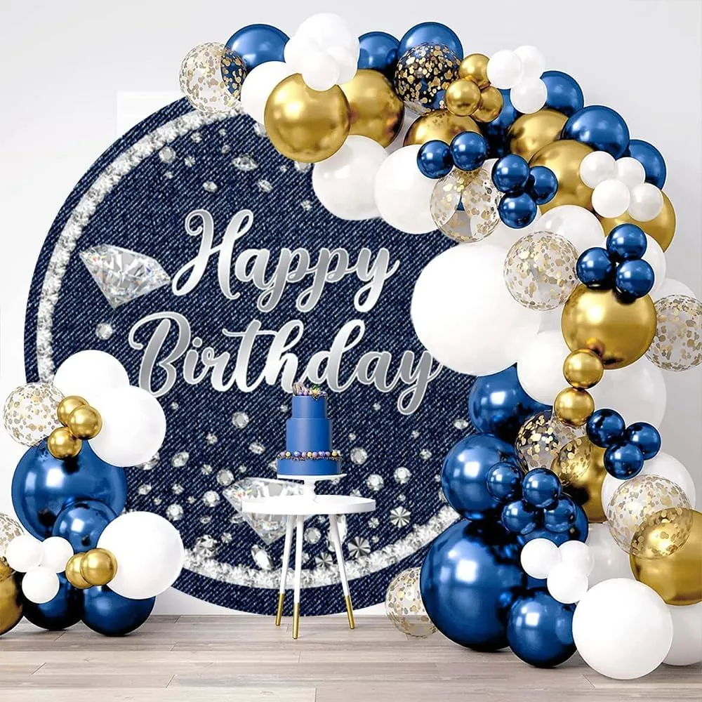 6.5x6.5ft Diamonds and Denim Party Round Backdrop Cover Shining Glitter Diamonds Denim Blue Happy Birthday Decor Supplies Girls Women Birthday Photography Background Adults Birthday Party Decor