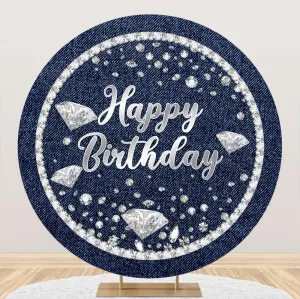 6.5x6.5ft Diamonds and Denim Party Round Backdrop Cover Shining Glitter Diamonds Denim Blue Happy Birthday Decor Supplies Girls Women Birthday Photography Background Adults Birthday Party Decor
