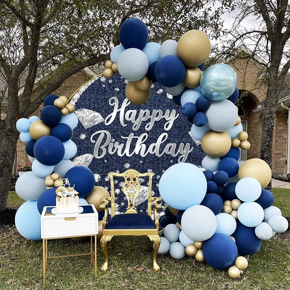 6.5x6.5ft Diamonds and Denim Party Round Backdrop Cover Shining Glitter Diamonds Denim Blue Happy Birthday Decor Supplies Girls Women Birthday Photography Background Adults Birthday Party Decor