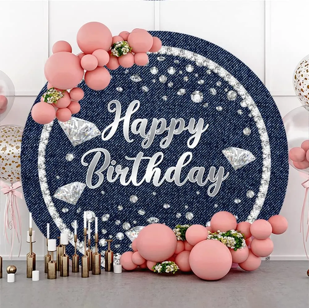 6.5x6.5ft Diamonds and Denim Party Round Backdrop Cover Shining Glitter Diamonds Denim Blue Happy Birthday Decor Supplies Girls Women Birthday Photography Background Adults Birthday Party Decor