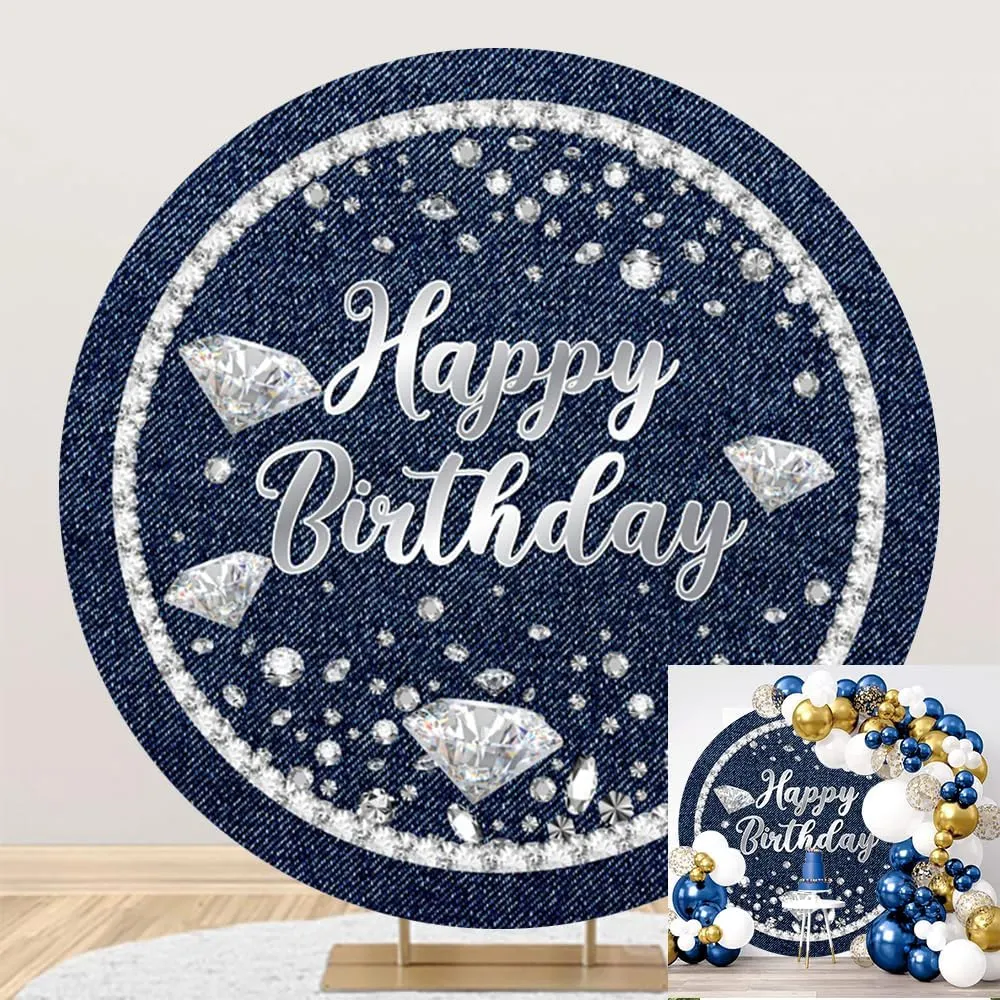 6.5x6.5ft Diamonds and Denim Party Round Backdrop Cover Shining Glitter Diamonds Denim Blue Happy Birthday Decor Supplies Girls Women Birthday Photography Background Adults Birthday Party Decor