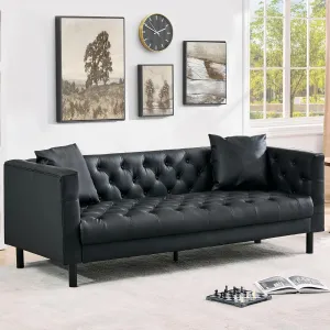81 Inch Leather Couch for Living Room, Modern Leather Sofa with Deep Seat, Handmade Button Tufted 3 Seater Sofa, Chesterfield Couch for Apartment, Office, Black