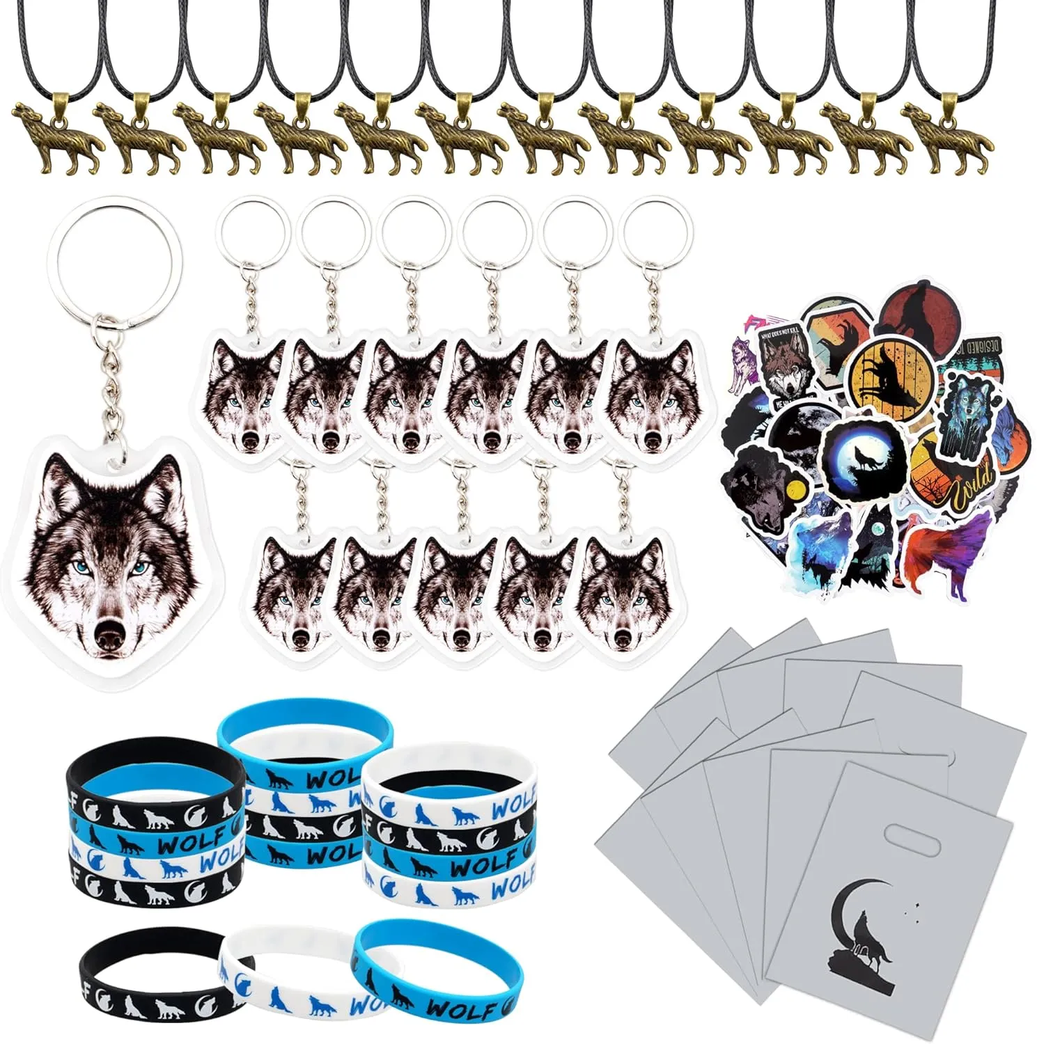 98 PCS Wolf Party Favors Cool Wolf Necklace Goodie Bags with Wolf Keychains, Stickers, Rubber Bracelets, and Wolf Bags for Wolf Themed Birthday Party Baby Shower Holiday