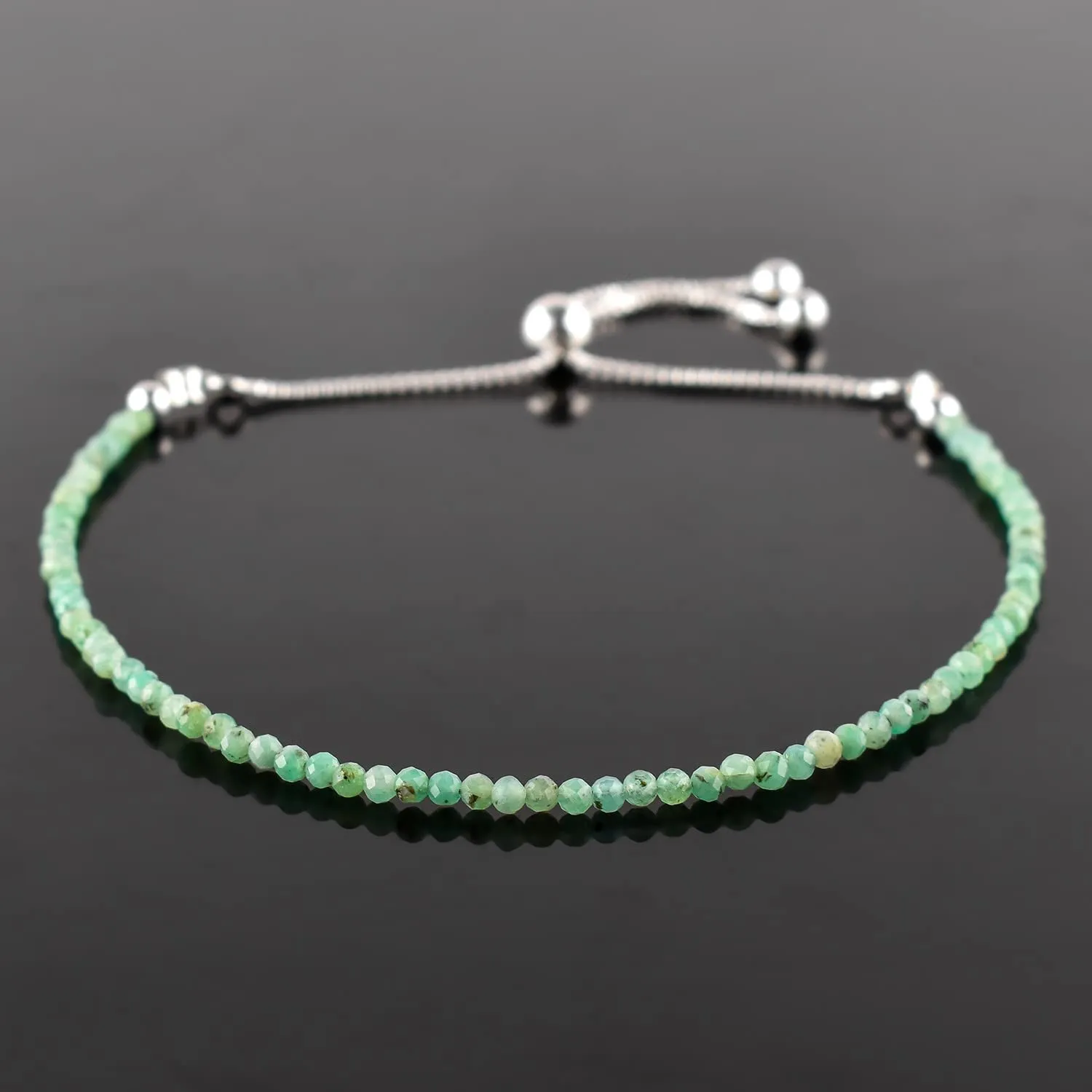 A  Natural Emerald Gemstone Bolo Bracelet, Micro-Faceted Beads, Energy Stone, Healing Crystals, Silver Plated, Adjustable Slider, May Birthday, Gemstones Jewelry, Gift for Women, 10inches