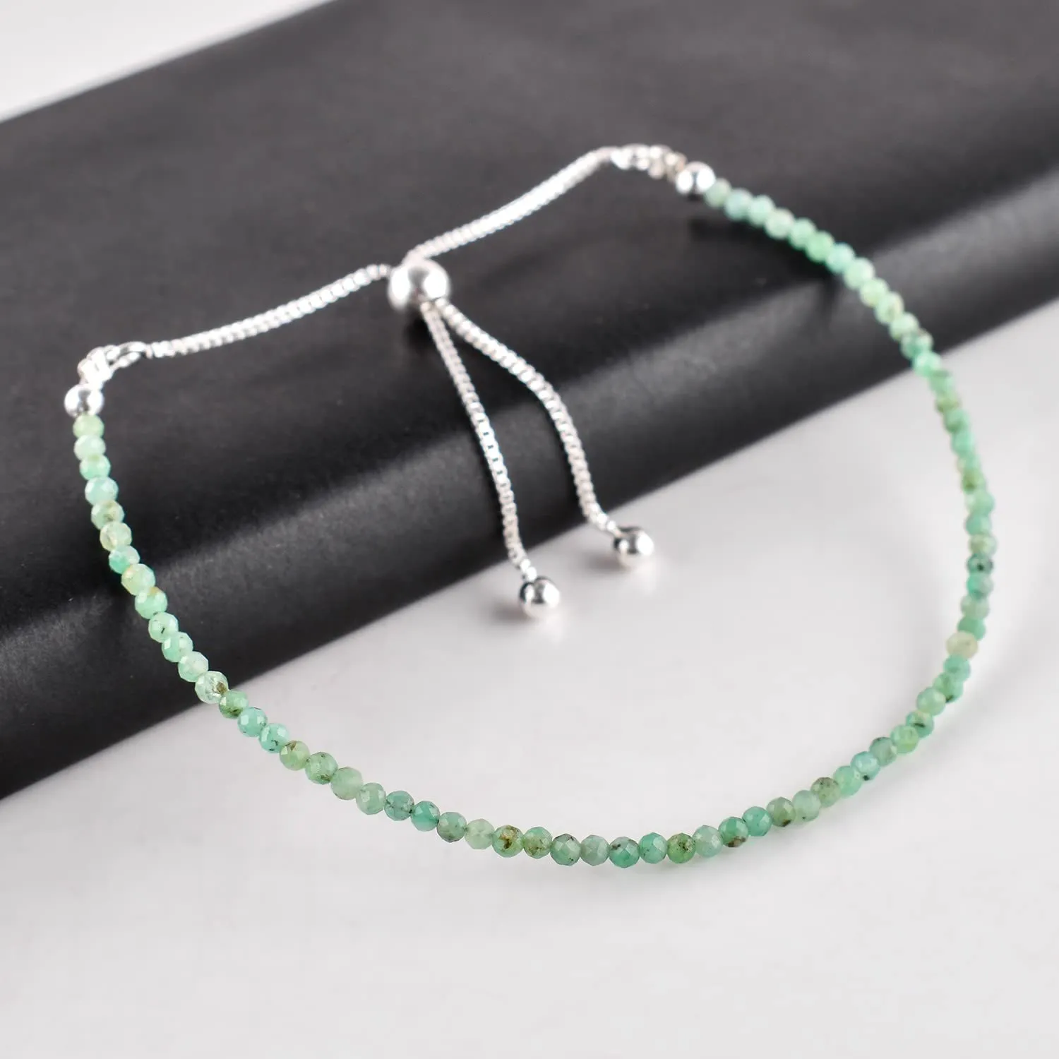 A  Natural Emerald Gemstone Bolo Bracelet, Micro-Faceted Beads, Energy Stone, Healing Crystals, Silver Plated, Adjustable Slider, May Birthday, Gemstones Jewelry, Gift for Women, 10inches