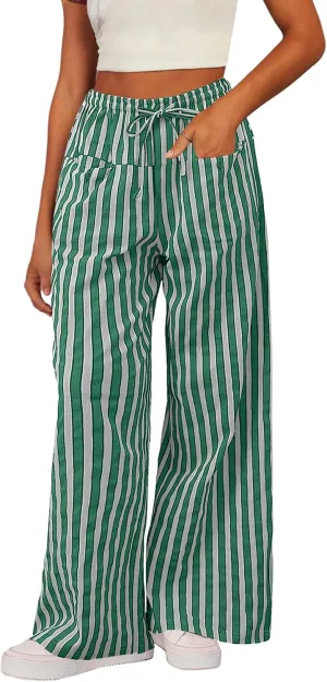 Acelitt Women Casual Drawstring Elastic Waist Loose Wide Leg Striped Pants with Pockets, S-XXL